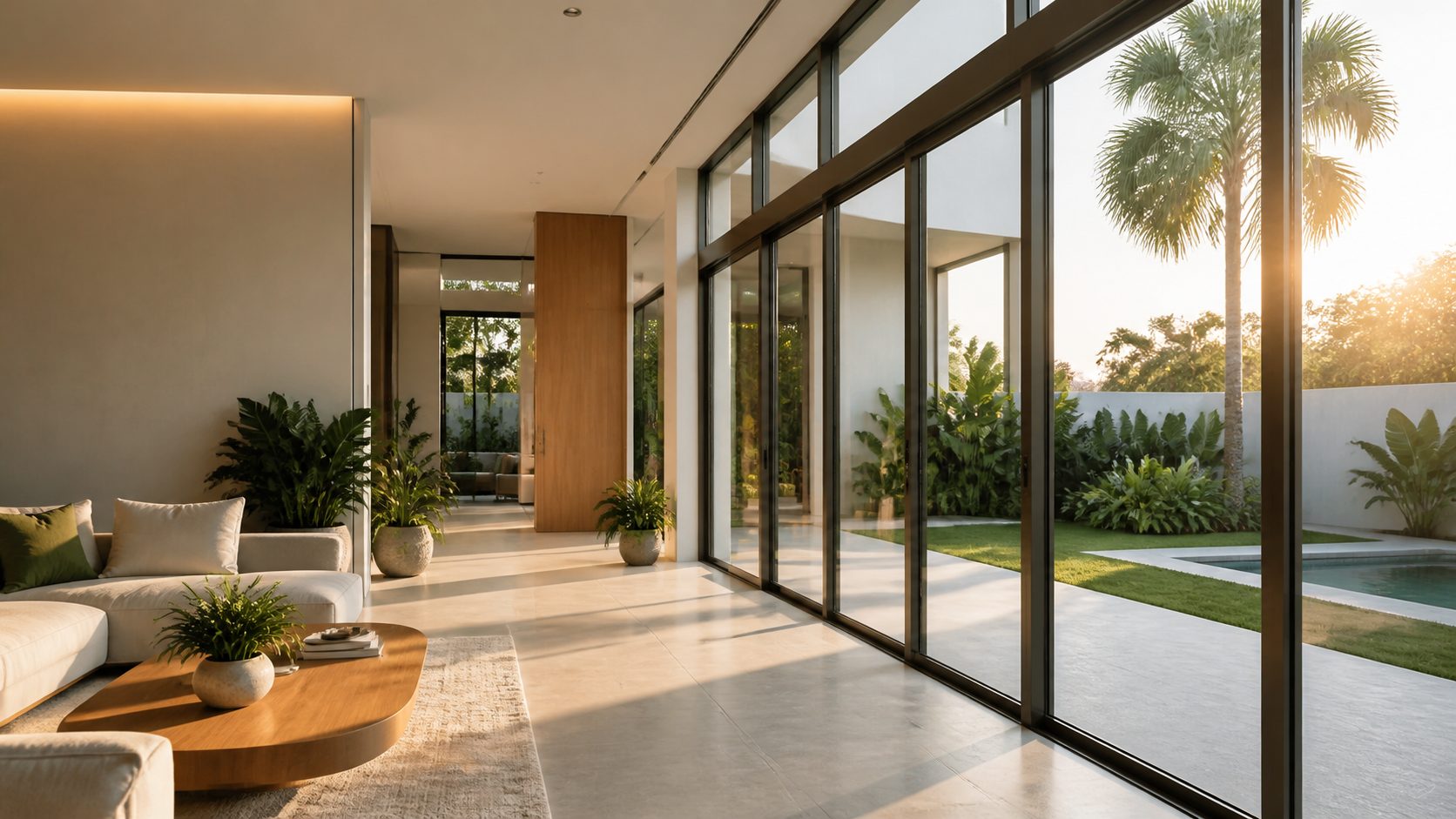 Sala residencial com grandes painéis de vidro e luz natural